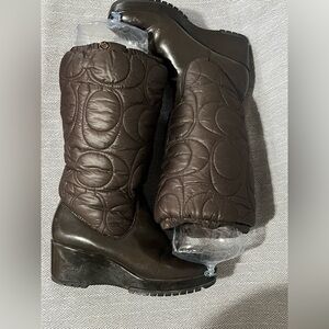 Coach Patent Leather Quilted Cantina Mid-Calf Wedge Heel Boot~Size:7~ in brown